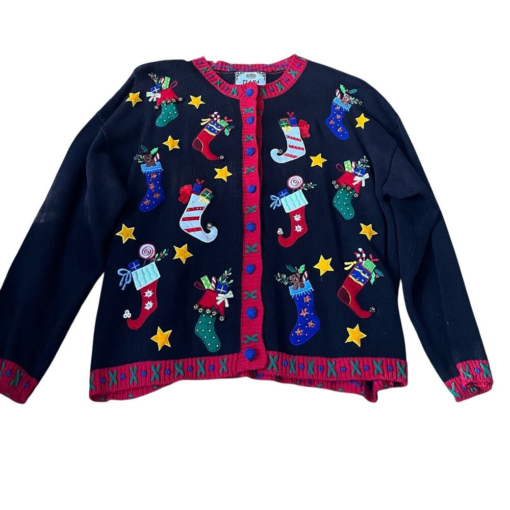VTG Women's Christmas Cardigan Ugly Sweater XL Holiday Party Bells Black Y2K